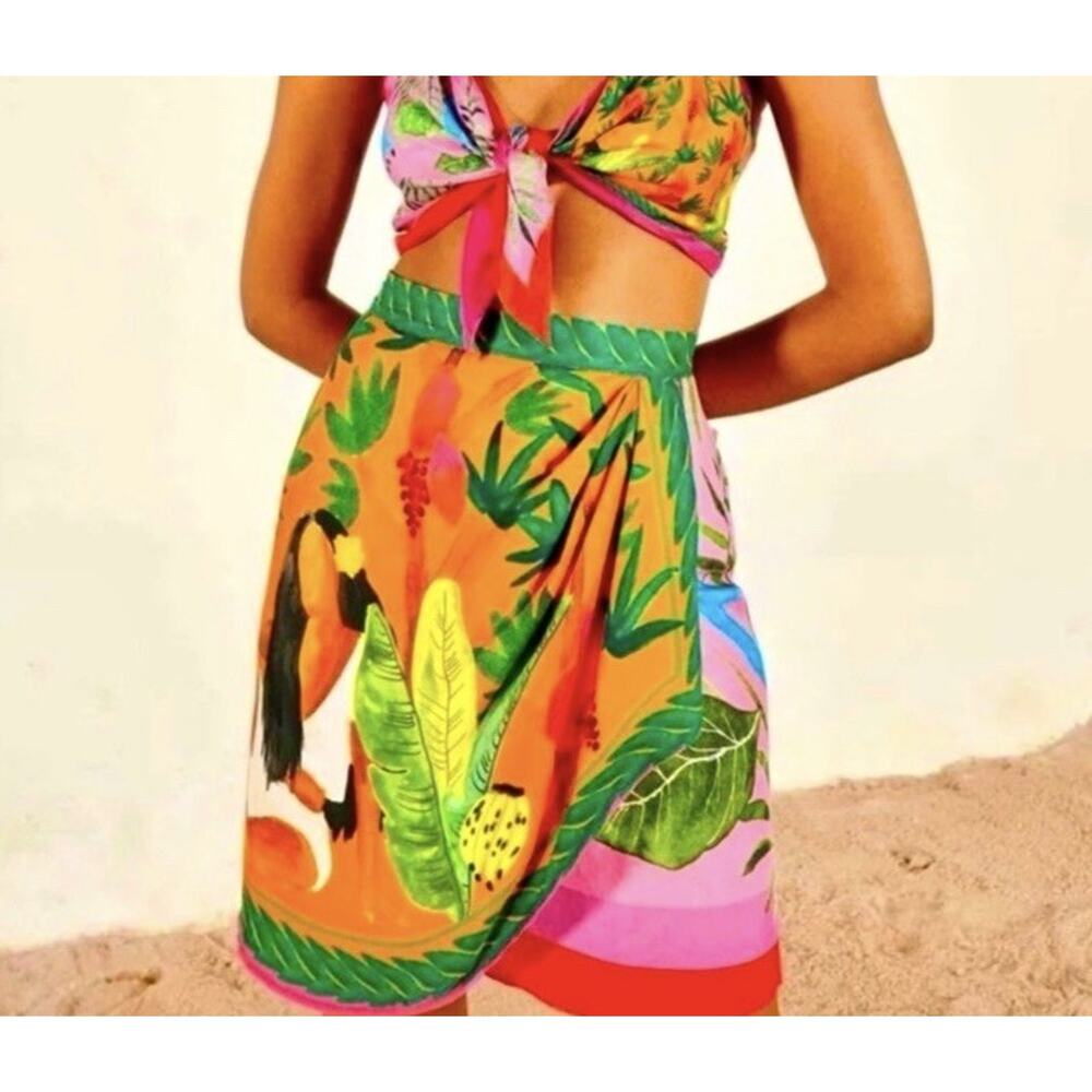 Farm Rio Bahia Girl Double Scarves Skirt Women’s Sz XS Tropical Colorful Artsy